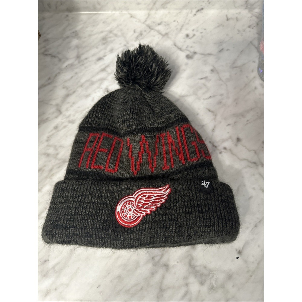 47 Brand Detroit Red Wings NHL Pom Hat Grey Black Red White Beanie Hat
